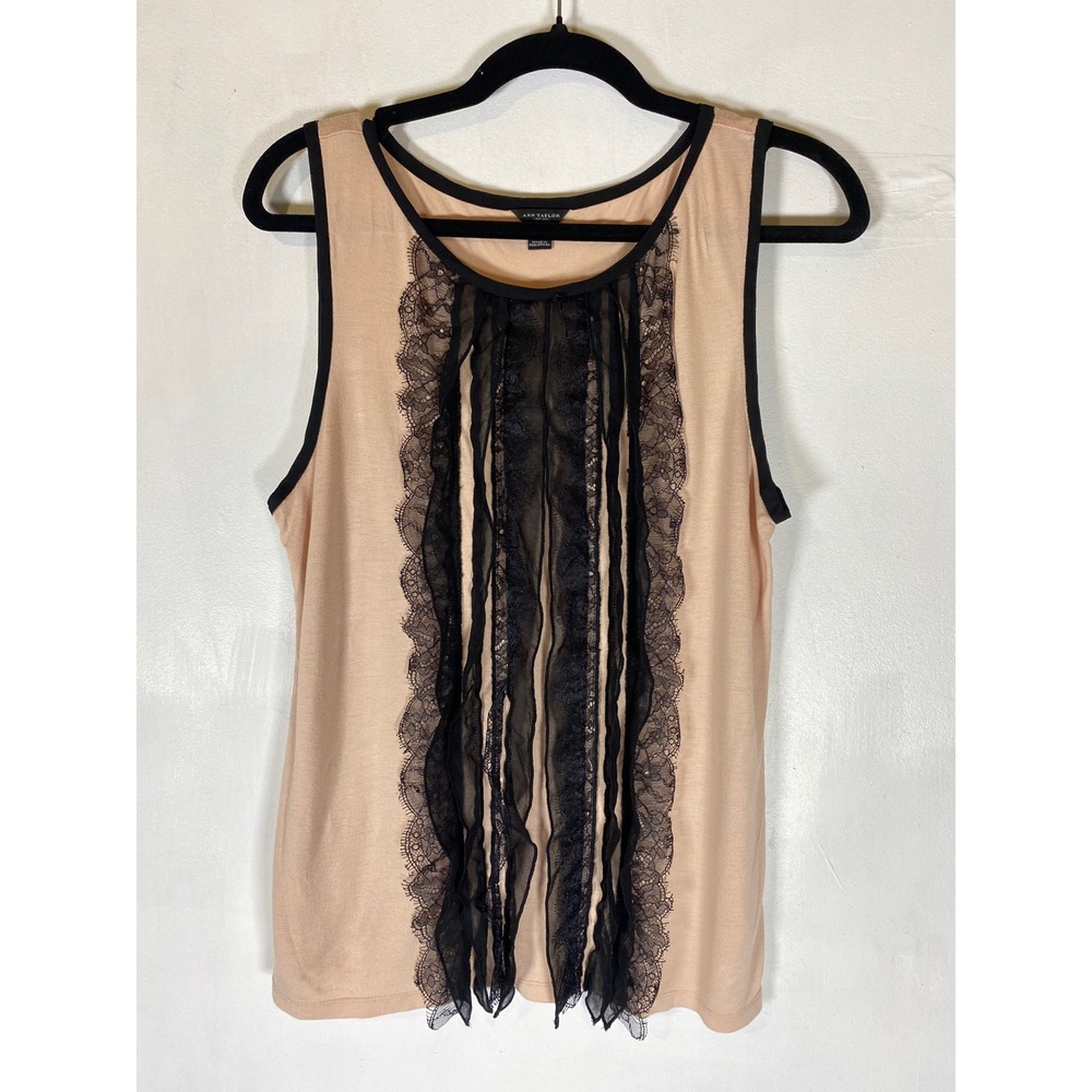 Ann Taylor Medium Pink Black Lace Sleeveless Blouse Coquette Romantic Feminine